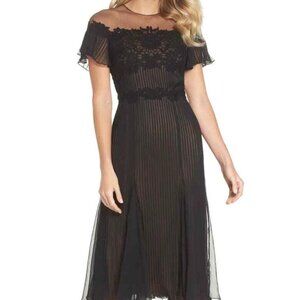 TADASHI SHOJI Embroidered Lace & Chiffon A-Line Midi Black Nude Gown Lace 12